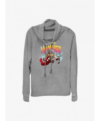 Pre-sale Marvel Thor: Love and Thunder Mighty Thor Eat My Hammer Cowl Neck Long-Sleeve Top $16.52 Tops