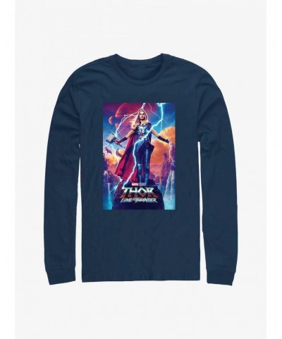 Flash Sale Marvel Thor: Love and Thunder Mighty Thor Movie Poster Long-Sleeve T-Shirt $10.53 T-Shirts